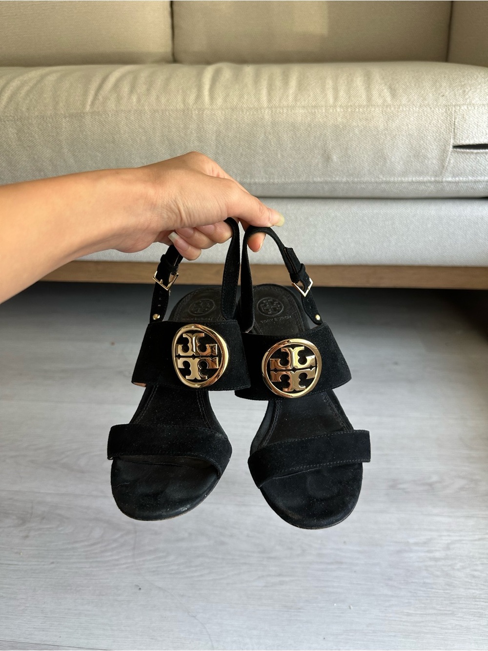 Tory Burch Black Suede Sandals with Gold Logo Medallion